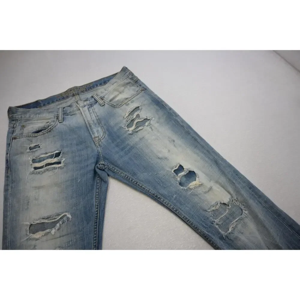 American Eagle Slim Straight Destroyed Rugged Light Blue‎ Jeans Mens Sz 32 x 34